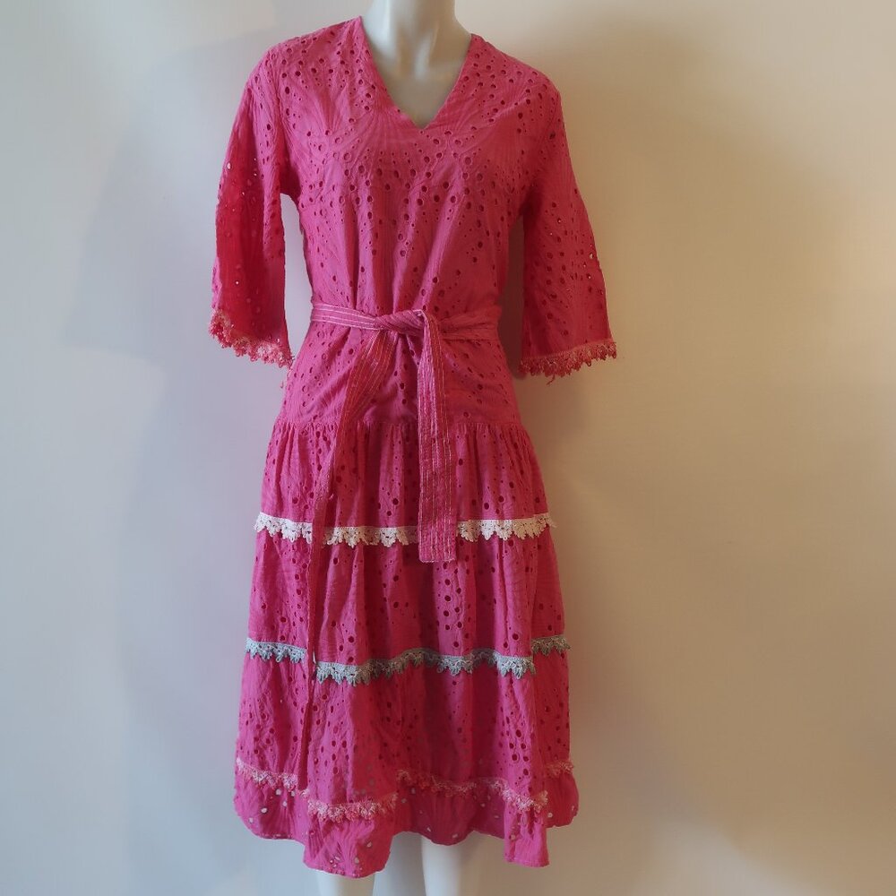 NWT Womens Regina Fuchsia Pink White Vint Fuxia Eyelet A-Line Midi Dress S *
